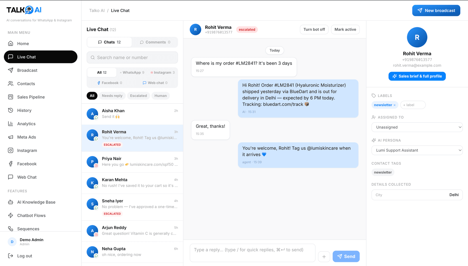 Talko AI unified inbox answering a customer from the knowledge base
